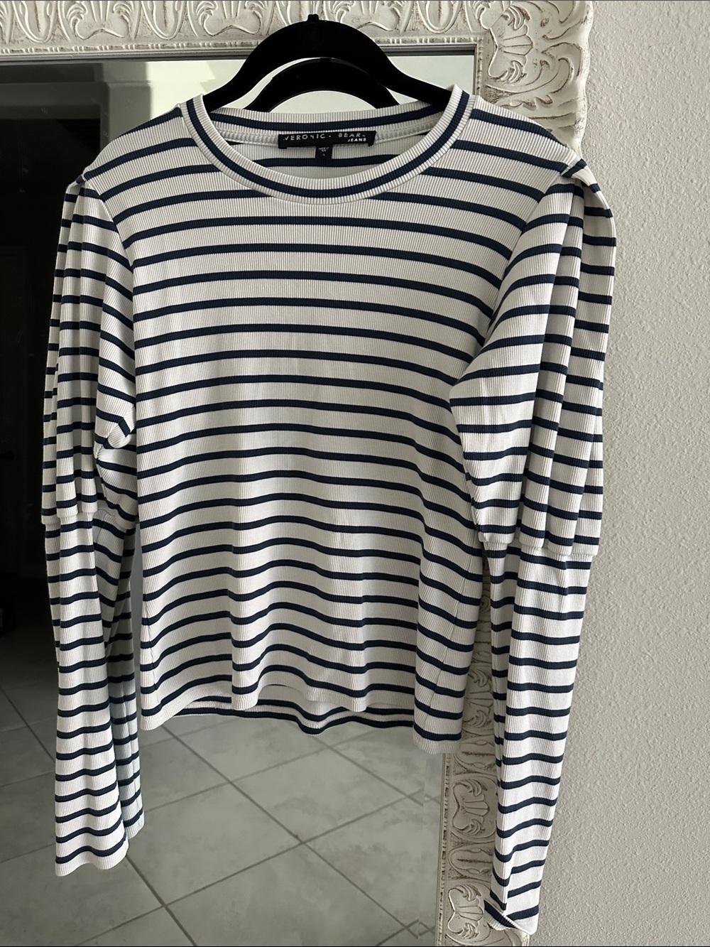 Veronica Beard Navy & White Striped Puff-Sleeve Top